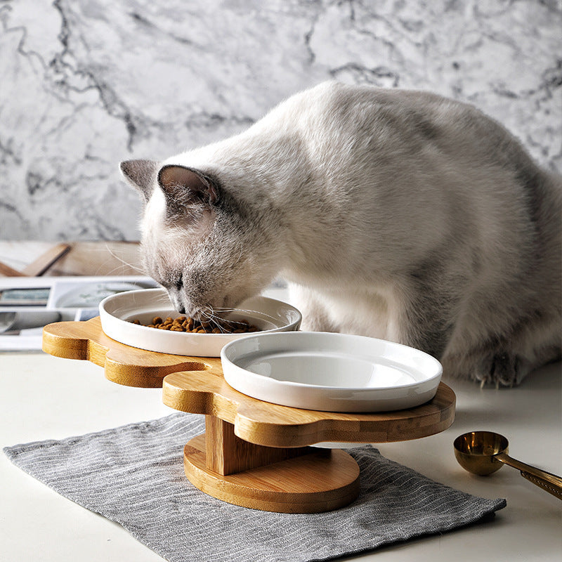 Elevated Ceramic Cat Bowl Set with Wooden Stand