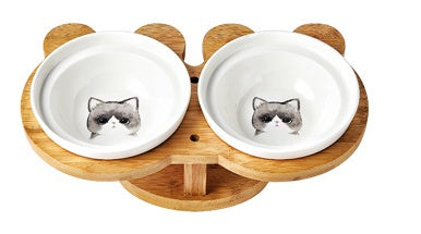Elevated Ceramic Cat Bowl Set with Wooden Stand