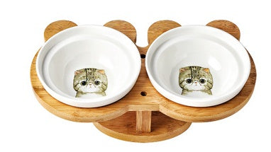 Elevated Ceramic Cat Bowl Set with Wooden Stand