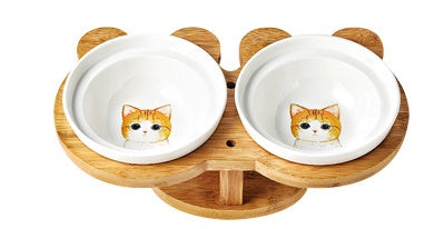 Elevated Ceramic Cat Bowl Set with Wooden Stand