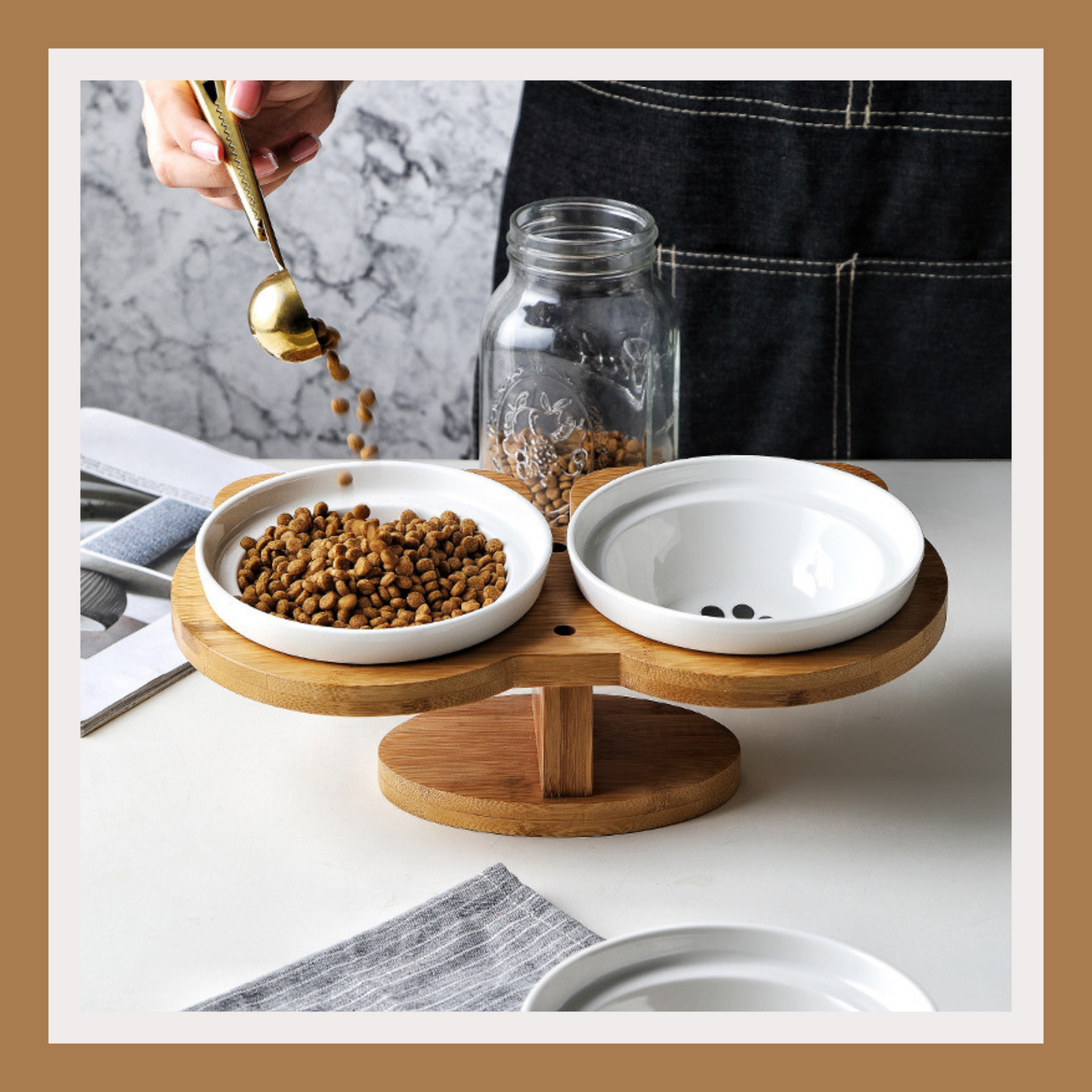 Elevated Ceramic Cat Bowl Set with Wooden Stand