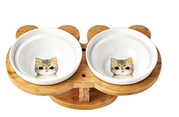 Elevated Ceramic Cat Bowl Set with Wooden Stand