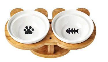 Elevated Ceramic Cat Bowl Set with Wooden Stand